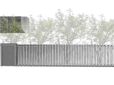Modern Entrance Gate Design With Slatted Fence And Surrounding Trees 3d model