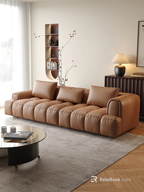 Cozy Living Room Interior With Brown Sofa Round Glass Coffee Table And Table Lamp 3d model 