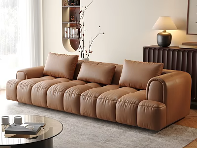 Cozy Living Room Interior With Brown Sofa Round Glass Coffee Table And Table Lamp 3d model