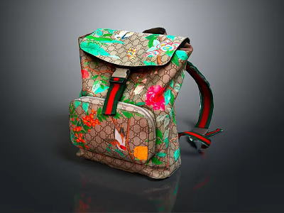 Iconic Pattern Floral Print Fashion Backpack Brown Base Green Red Straps Flap Design 3d model