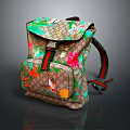 Iconic Pattern Floral Print Fashion Backpack Brown Base Green Red Straps Flap Design