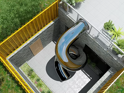 Garden Landscape With Yellow Fence Spiral Slide Green Plants And Wooden Door 3d model
