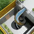 Garden Landscape With Yellow Fence Spiral Slide Green Plants And Wooden Door