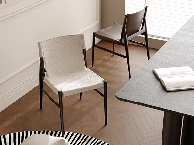 Modern Minimalist White And Brown Dining Chairs With Metal Legs On Wooden Floor 3d model