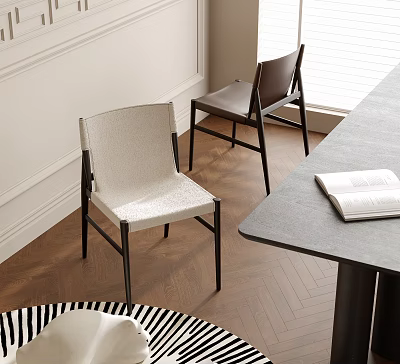 Modern Minimalist White And Brown Dining Chairs With Metal Legs On Wooden Floor 3d model