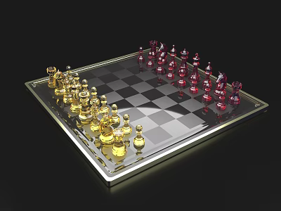 Elegant Chess Set With Golden And Red Pieces For Classic Board Game Entertainment 3d model