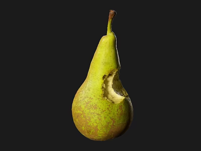 Fresh Yellow Green Pear with Bite Mark and Brown Spots on Black Background 3d model