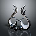 Modern Silver Curved Decorative Ornament Set with Black Spheres and Reflective Finish