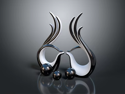 Modern Silver Curved Decorative Ornament Set with Black Spheres and Reflective Finish 3d model