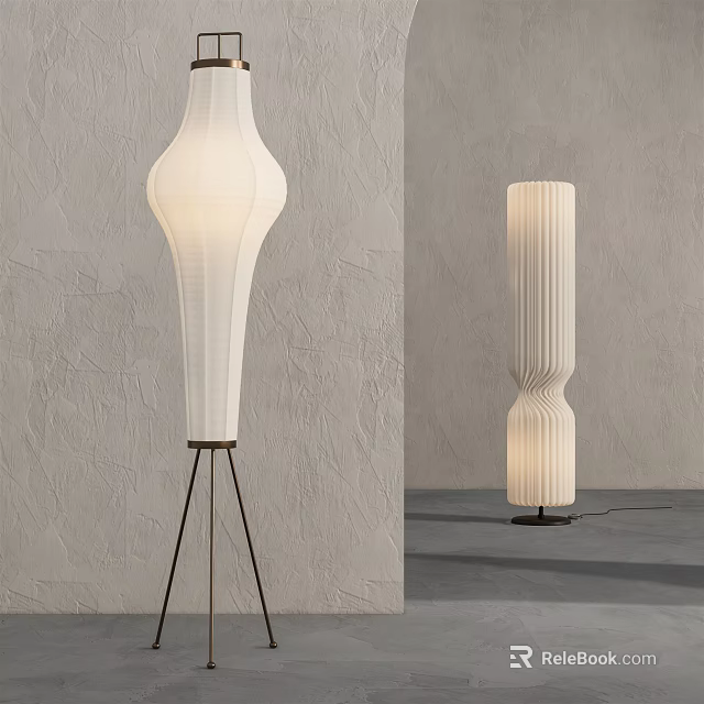 Minimalist Modern Floor Lamps With Pleated And Ribbed White Shades And Black Tripod Bases 3d model 