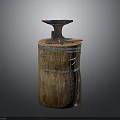 Rustic Iron Anvil Mounted On Old Wooden Barrel With Metal Hoops