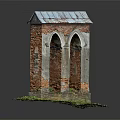 Red Brick Model Structure With Three Arched Openings Blue Metal Roof And Green Grass Base