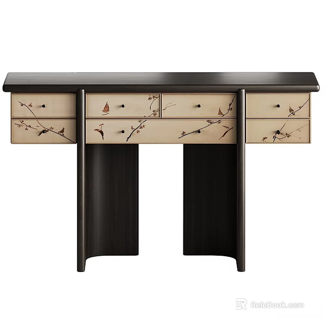 Stylish New Chinese Solid Wood Console Table With Exquisite Bird And Floral Pattern Storage Drawers 3d model 