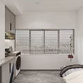 Modern Apartment with Bedroom Kitchen Laundry Area Blue Furniture White Walls Gray Flooring