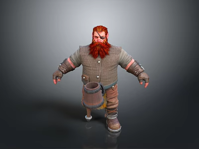 Man With Red Hair And Beard Wearing Gray Tunic Brown Pants And Wooden Barrel 3d model
