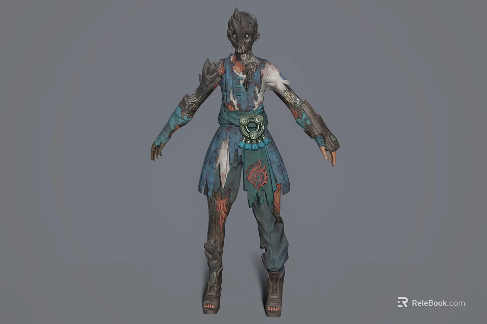 Fantasy Game Film Character With Unique Head Design And Ornate Blue Red Patterned Outfit Belt 3d model 