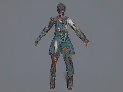 Fantasy Game Film Character With Unique Head Design And Ornate Blue Red Patterned Outfit Belt 3d model