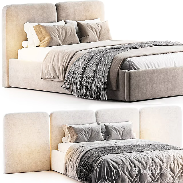 Modern Double Bed With Upholstered Headboard And Cozy Neutral Bedding 3d model 