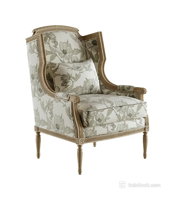 Elegant Accent Chair with Floral Pattern Gold Frame Ornate Armrests and Classic Design 3d model 