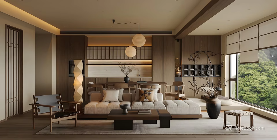 Modern Japanese Living Room With Wooden Elements Sofa Pendant Lights And Lattice Wall Decor 3d model 