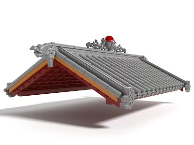 Traditional Chinese Architectural Roof With Gray Tiles Red Decorations Mythical Beasts And Red Ball Finial 3d model