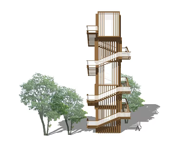 Modern Wooden Tower Architectural Design With Balconies Surrounded by Trees 3d model