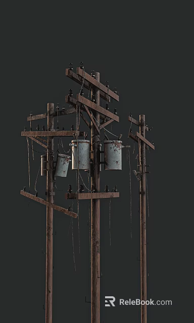 Old Wooden Utility Poles With Hanging Rusty Transformers And Electrical Wires 3d model 