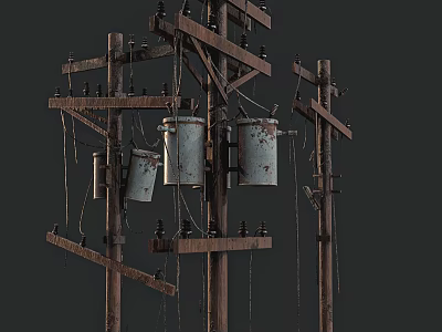 Old Wooden Utility Poles With Hanging Rusty Transformers And Electrical Wires 3d model