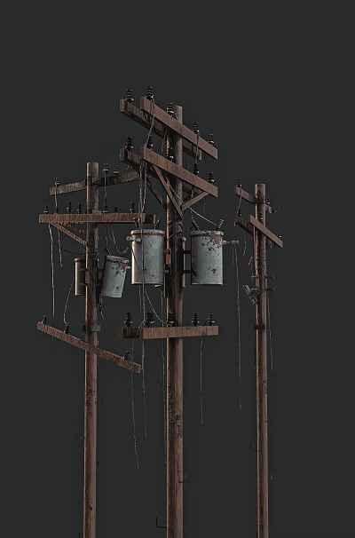 Old Wooden Utility Poles With Hanging Rusty Transformers And Electrical Wires 3d model