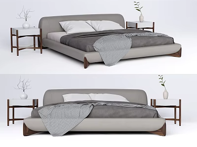 Modern Minimalist Double Bed With Gray Bedding Nightstands And Plant Vases 3d model