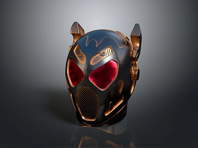 Futuristic Black And Gold Helmet With Red Eyes Horns And Carbon Fiber Texture 3d model