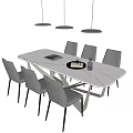 Modern Dining Table Set With White Marble Top Grey Chairs And Pendant Lights 3d model