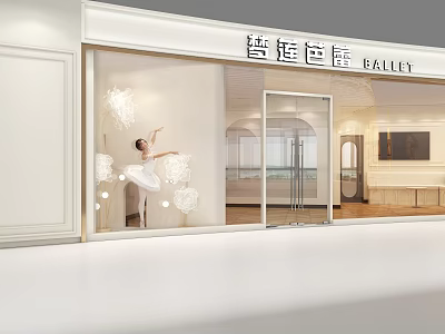 Elegant Ballet Dance Studio Exterior With Glass Door And Dancer Figure 3d model
