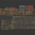 Industrial Platform Structure With Colored Crates Yellow Railings Circular Equipment And Stone Base