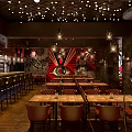 Modern Bar Interior With Wooden Tables Ceiling Lights And Decorative Mural