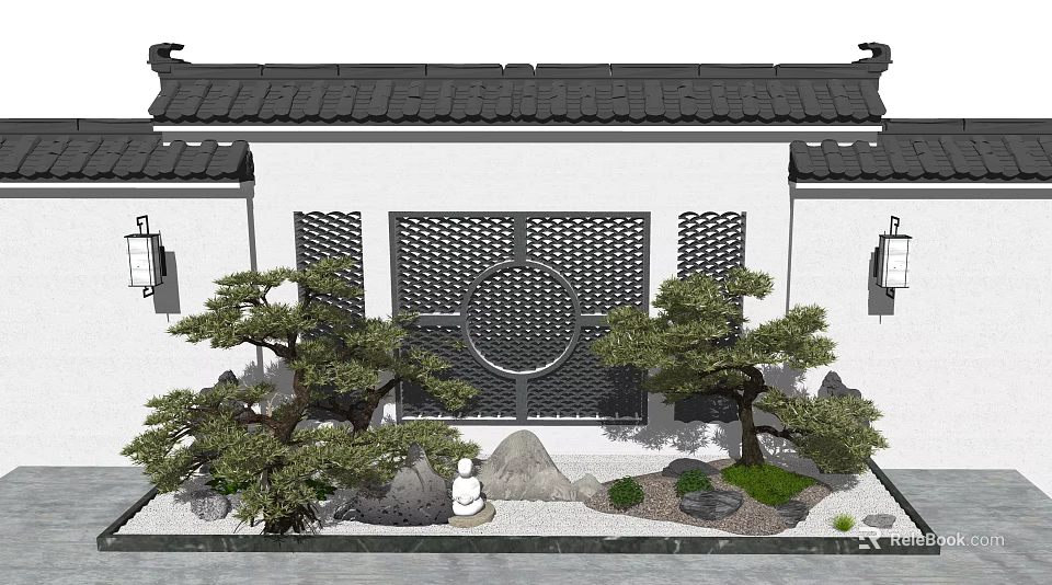Chinese Traditional Garden Ornament With Architecture Lattice Window Pine Trees Stones Buddha Statue And Greenery 3d model 
