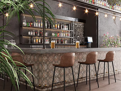 Elegant Bar Interior With Leather Stools String Lights Bottle Shelves Palm Plant And Tile Wall 3d model