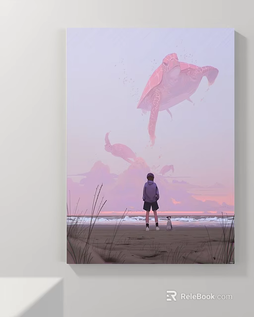 Scenic Landscape With Beach Sunset Sky Person Dog Giant Turtle And Flying Bird 3d model 