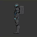 Hi Tech Biomechanical Character in Black Blue Armor with Glowing Cybernetic Elements