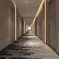 Modern Hotel Corridor Interior With Soft Lighting Patterned Carpet And Light Colored Walls
