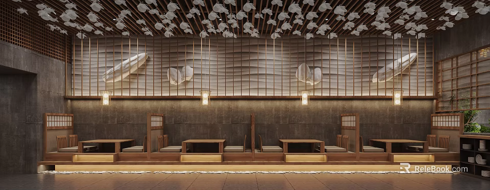 Japanese Style Restaurant Interior With Petal Ceiling Decorations Wooden Lattice Wall And Low Table Seating 3d model 