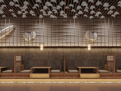 Japanese Style Restaurant Interior With Petal Ceiling Decorations Wooden Lattice Wall And Low Table Seating 3d model