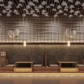Japanese Style Restaurant Interior With Petal Ceiling Decorations Wooden Lattice Wall And Low Table Seating