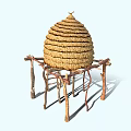 Traditional Beehive Shaped Thatched Hut With Wooden Supports And Climbing Ladder