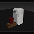 Vintage White Refrigerator Next To Red Bucket On Wooden Crate Displayed On Dark Surface