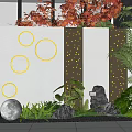 Modern Feature Wall with Illuminated Circular Lights String Lights and Moon Decoration with Green Plants and Stones