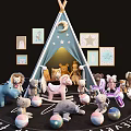 Stuffed Animals Around Blue Teepee Tent With Star Moon Patterns Alphabet Mat And Decorative