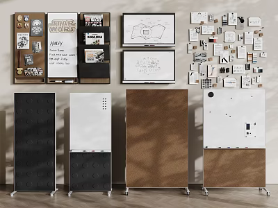Cork and White Display Boards with Notes Drawings and Metal Stands 3d model