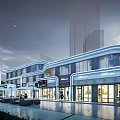Modern Commercial Street With Glass Facades Lighting Shops And High Rise Buildings