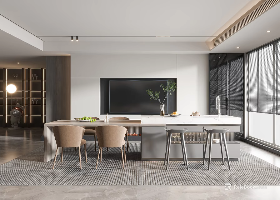 Modern Elegant Restaurant Interior With Marble Dining Table Chairs And Pendant Lights 3d model